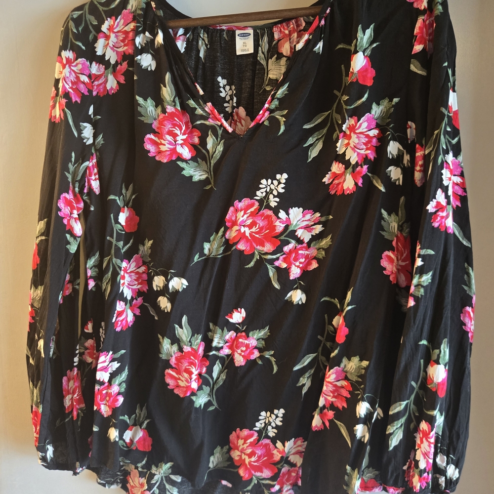 Old Navy Black Blouse with Pink Floral Design